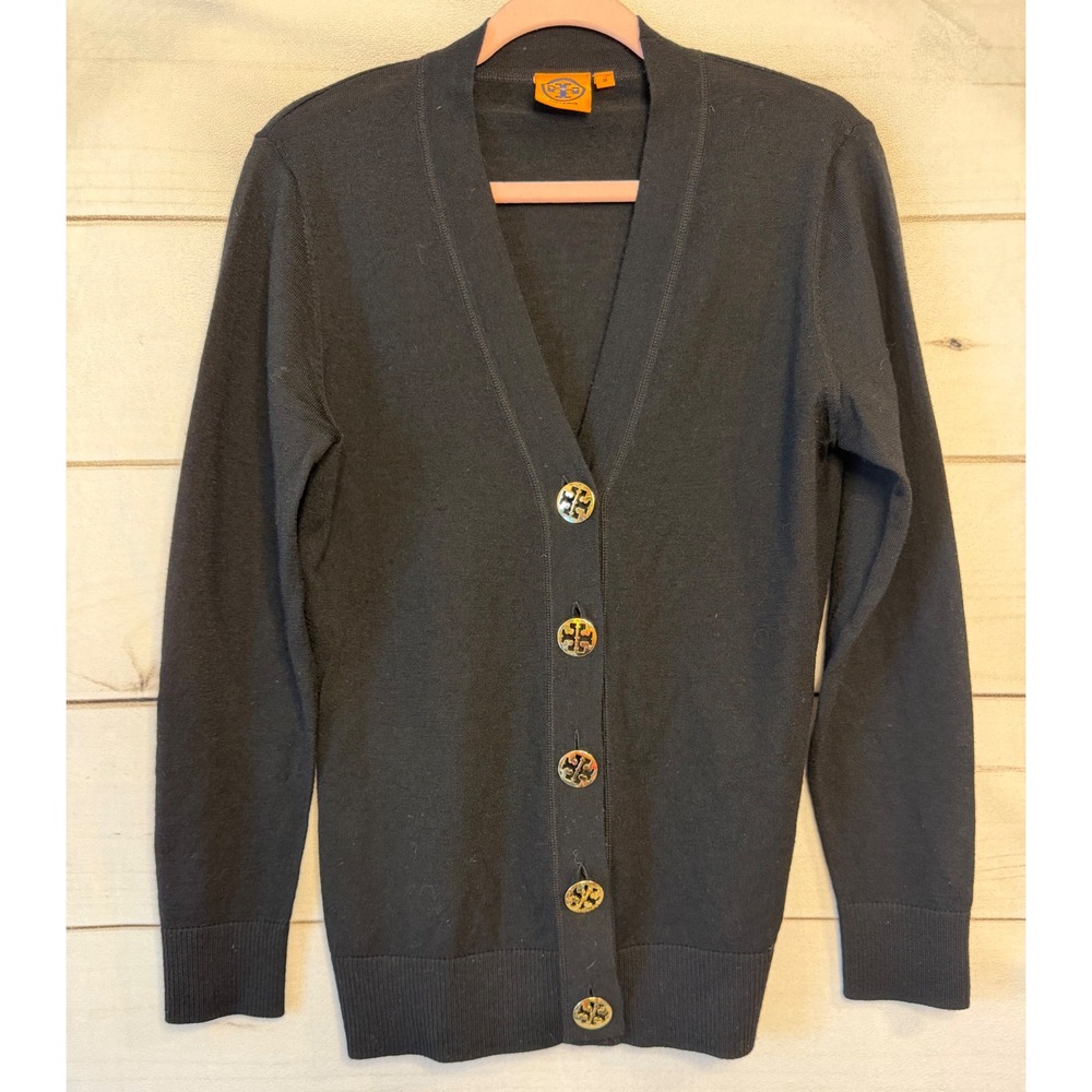 Tory Burch Black 100% Merino Wool Simone Cardigan Gold Logo Button Sweater M